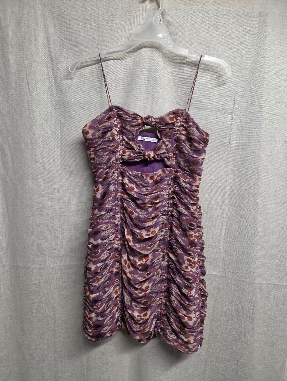 Zara Purple Printed Ruched Mini Dress with Spaghetti Straps